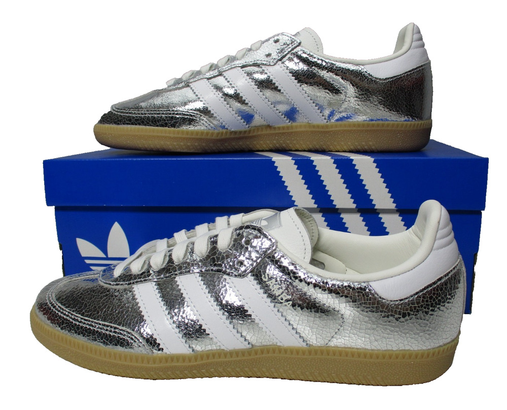 Adidas Samba OG Silver Metallic Cracked Leather Womens Sz 8 Shoes